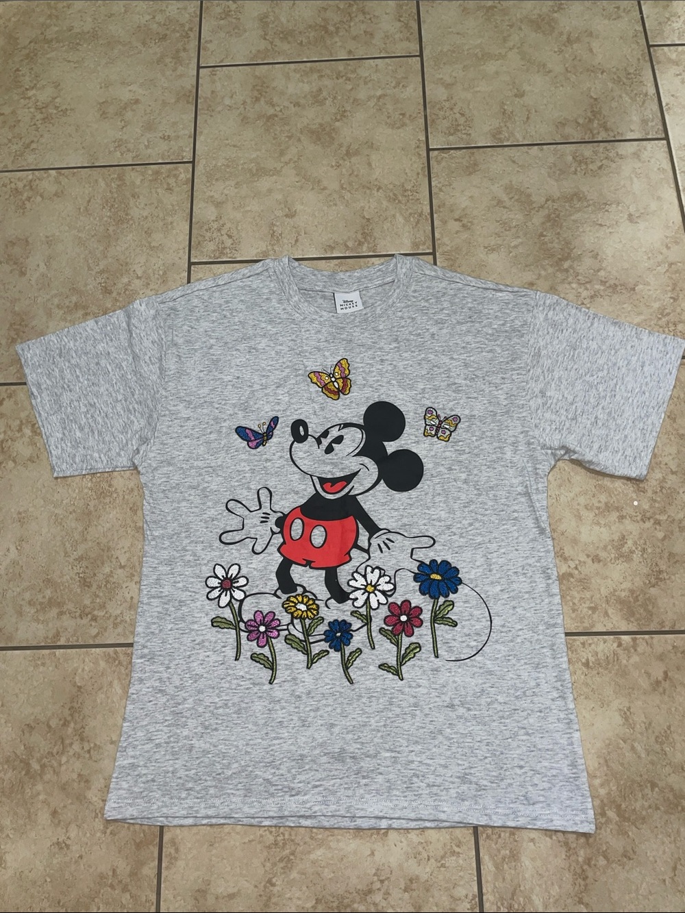 Disney Grey Mickey Mouse Tee with Multicolor Flowers Size XS